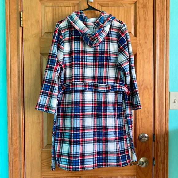 Boy’s size 10-12 red, white, and blue plaid Thereabouts robe/housecoat with hood - Picture 3 of 5